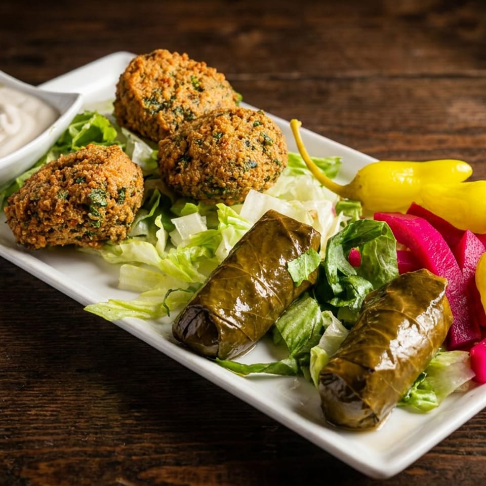 A white rectangular plate with falafel, dolmas, pickled vegetables, and a side of sauce.